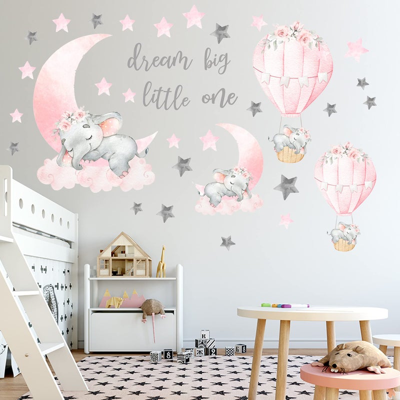 WEWINLE Dream Big Little One Elephant Wall Stickers, Pink Moon Hot Air Balloon Grey Stars Wall Decals for Nursery Kids Room Living Room Bedroom Decorations Home Decor - Image 1